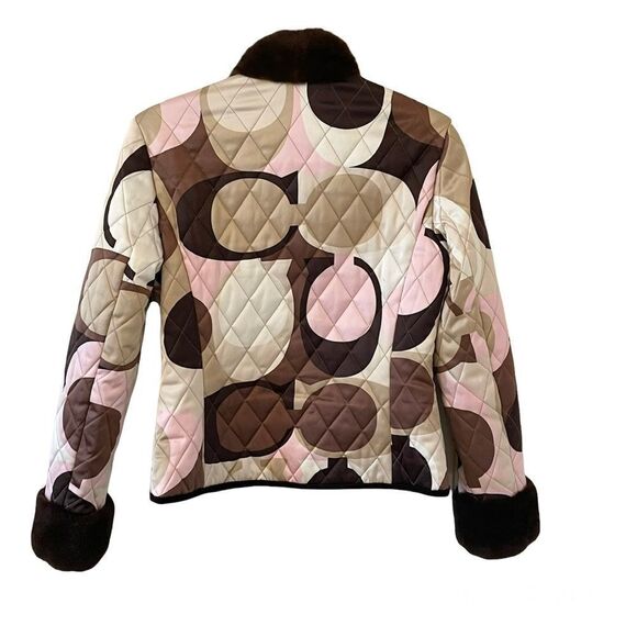 COACH Scarf Print Quilted Jacket Silk Mink Collar S RARE - Picture 2 of 6